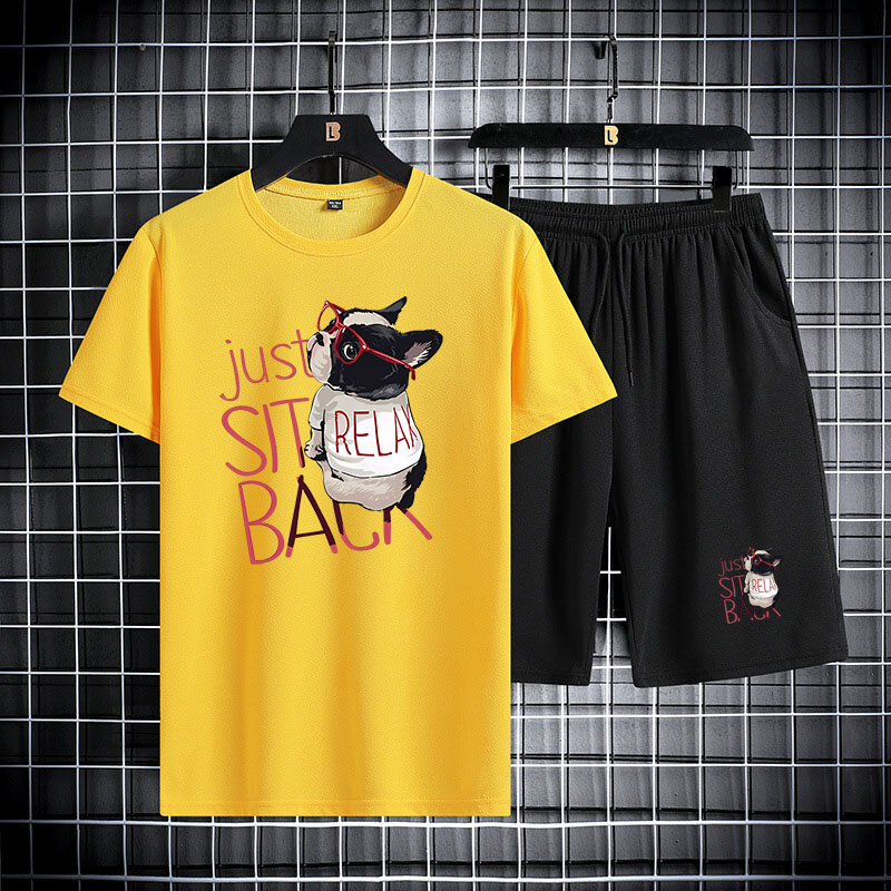 Ensemble short et t-shirt en coton imprimé chien pour homme, survêtement, jogging, sport, décontracté