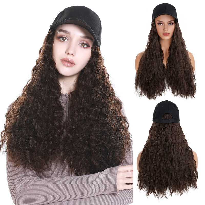 Long Wavy Curly Synthetic Wig Baseball Cap Hair Extensions Hat Wigs Black Brown Adjustable Hairpiece for Women