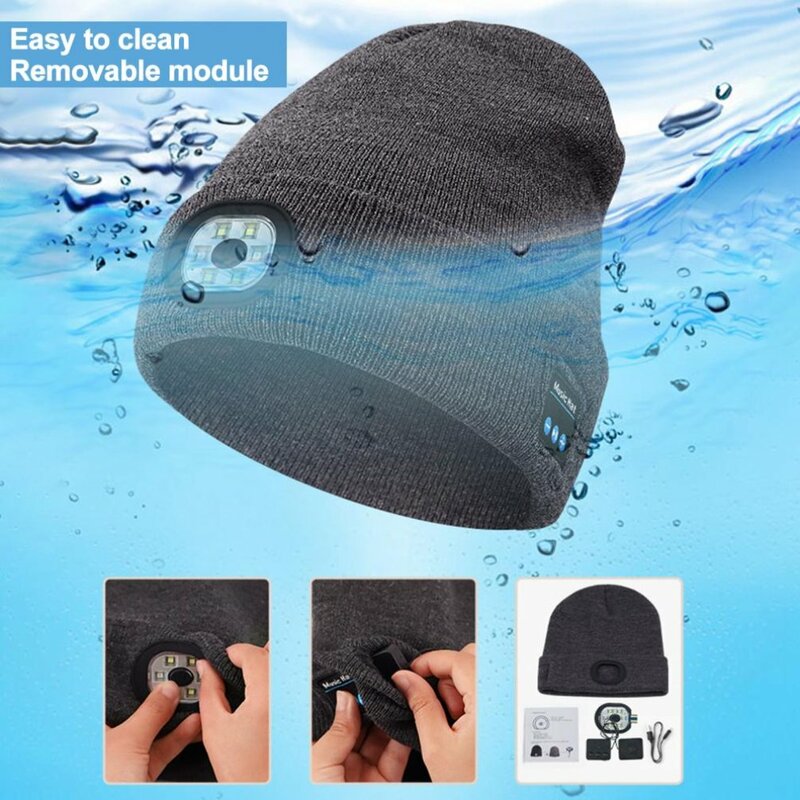 Topi Led Bluetooth nirkabel, topi hangat dengan lampu LED, topi pemutar musik, Headset Stereo nirkabel, headphone dengan topi lampu depan