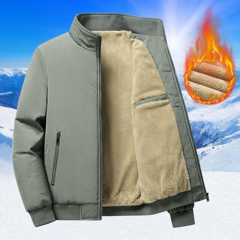 Forro de pelúcia masculino casaco grosso quente, casaco de gola alta, bolso com zíper, casual regular fit, outono, inverno