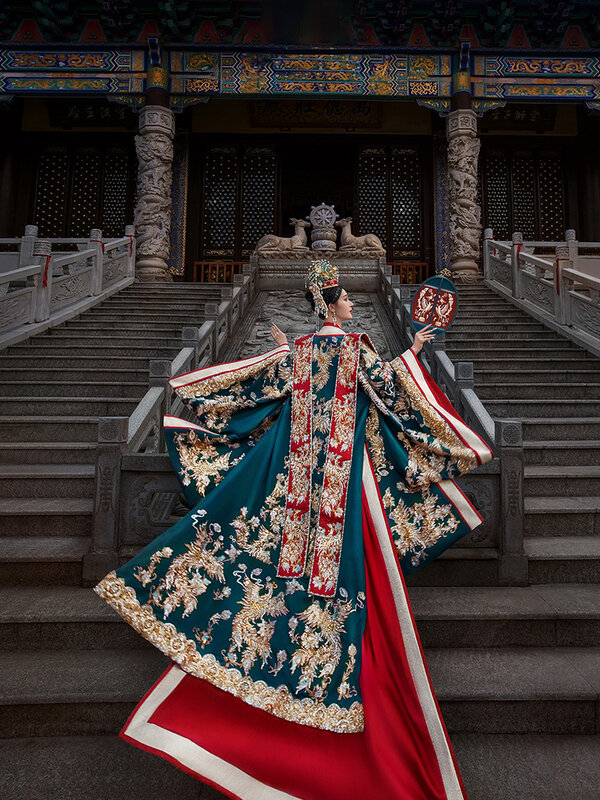 Vestido de novia de estilo chino Hanfu, corona de Fénix, Xihe Fu, capa tradicional, vestido de novia con tren largo