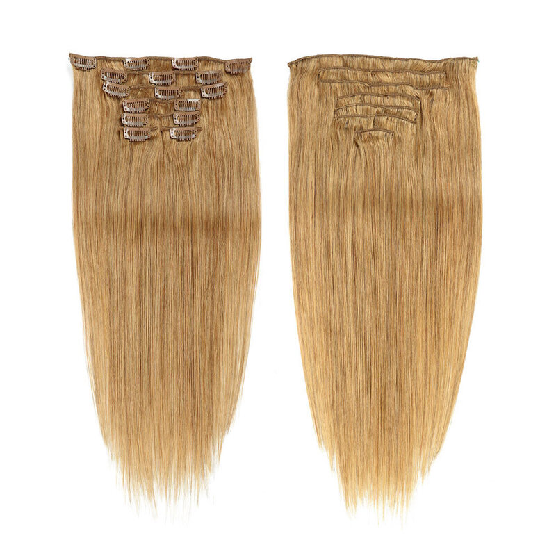 7 BH klip dalam ekstensi rambut manusia asli, klip kain lurus mulus warna 27 # untuk wanita 22-24 inci 100g/set