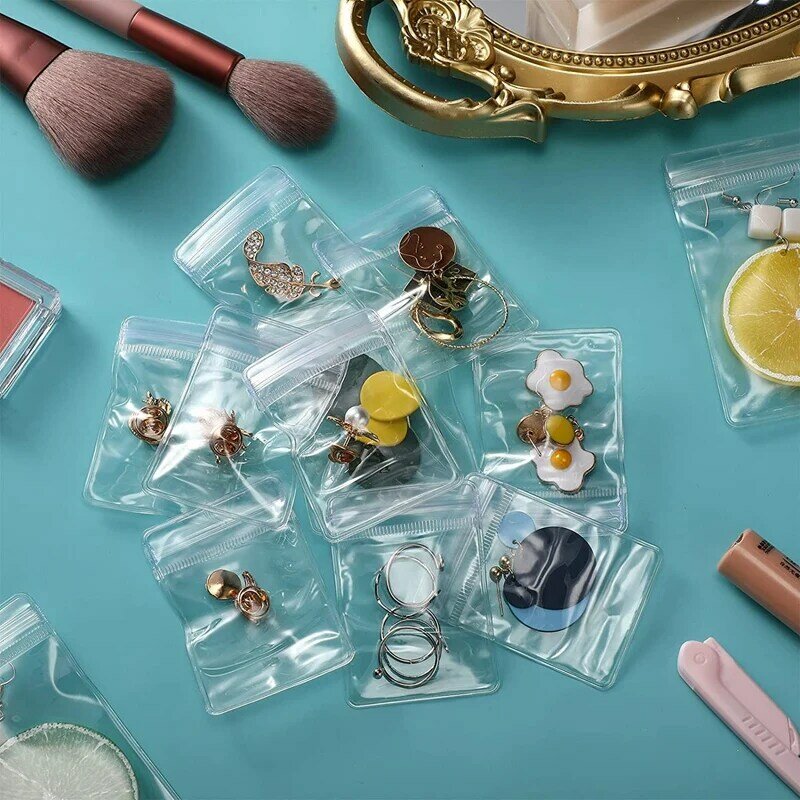 Bolsas de joyería con cierre de cremallera, bolsas de almacenamiento de joyería de PVC transparentes con autosellado, sellables, 5 tamaños, 100 piezas