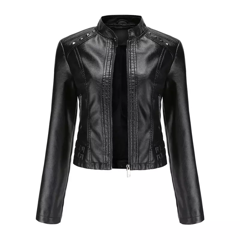 2024 Women's New Rivet Leather Jacket Autumn Stand Collar Fashion PU Leather Jacket