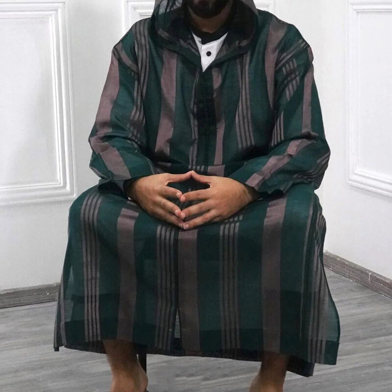 Męskie szaty muzułmańskie islamska Arabia moda Patchwork w paski z długim rękawem zamek błyskawiczny szaty z kapturem Casual luźne szaty odzież uliczna