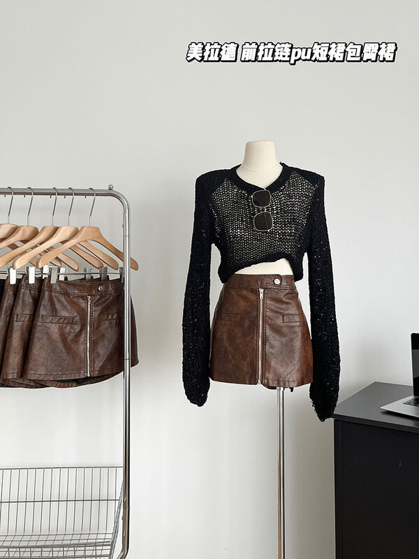 Wlwear-Jupe trapèze en cuir PU pour femme, mini-jupe décontractée, design gothique, rue haute, fermeture éclair, américain, vintage, printemps, été