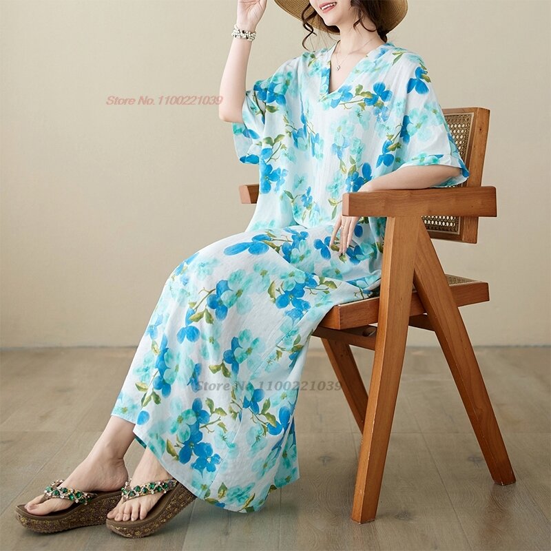 2024 chinesische traditionelle Hanfu Kleid National Blumen druck Maxi kleid Strand Bohemian Kleid orientalischen V-Ausschnitt lose Folk langes Kleid