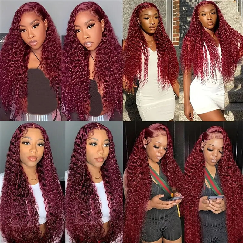 Perucas de cabelo humano frente renda HD para mulheres, onda profunda de Borgonha, perucas frontais encaracoladas, água colorida vermelha, 13x4 13x6, 99J