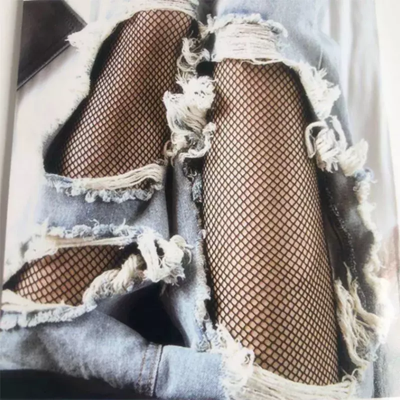 Women Sexy High Waist Fishnet Stockings Mesh Club Tights Panty Knitting Net Pantyhose Ripped Jeans Match Long Socks Lingerie Hot