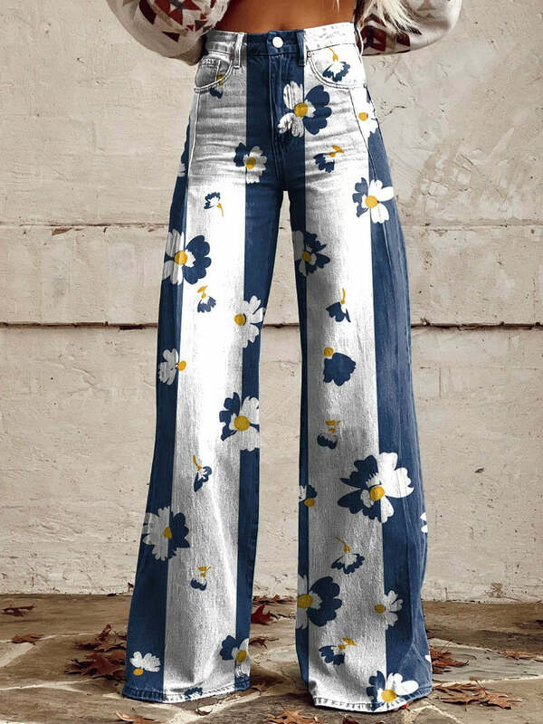 Fashionable Mural Women's Jeans Korean Style Elegant High Waisted Wide Leg Pants Loose Full Women's Casual S-XL Pants