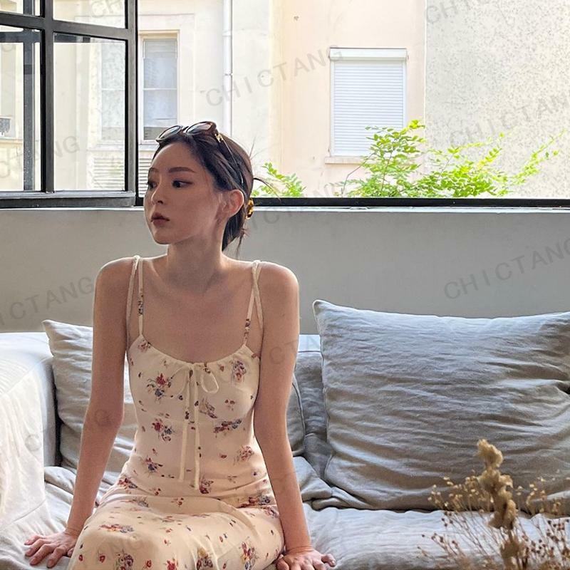 2024 Summer Korean Gentle Off White Temperament Hanging Strap Fragmented Flower Dress Long Dress Women's Korean Edition