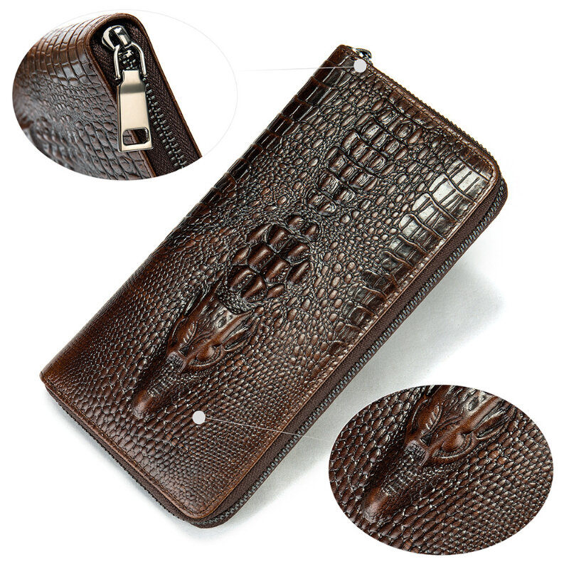 Portefeuille long en cuir véritable imprimé crocodile pour hommes, pochette d'affaires, position multi-cartes, couche supérieure, portefeuille en cuir de cercle