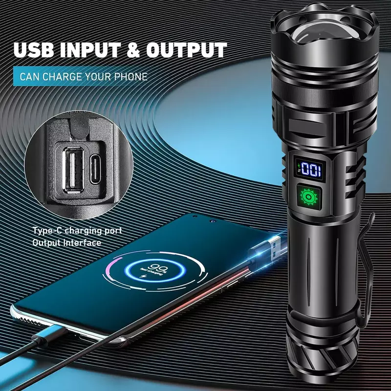 USB carregamento lanterna exterior, super brilhante, longo alcance, alta potência, laser branco, display digital, lanterna tática impermeável