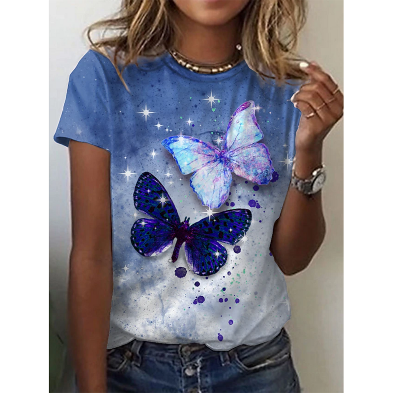 2024 neue O-Ausschnitt 3d Schmetterling drucken T-Shirt Frauen T-Shirt Sommer Mode Kurzarm Tops übergroße Sommer Top weibliche Kleidung