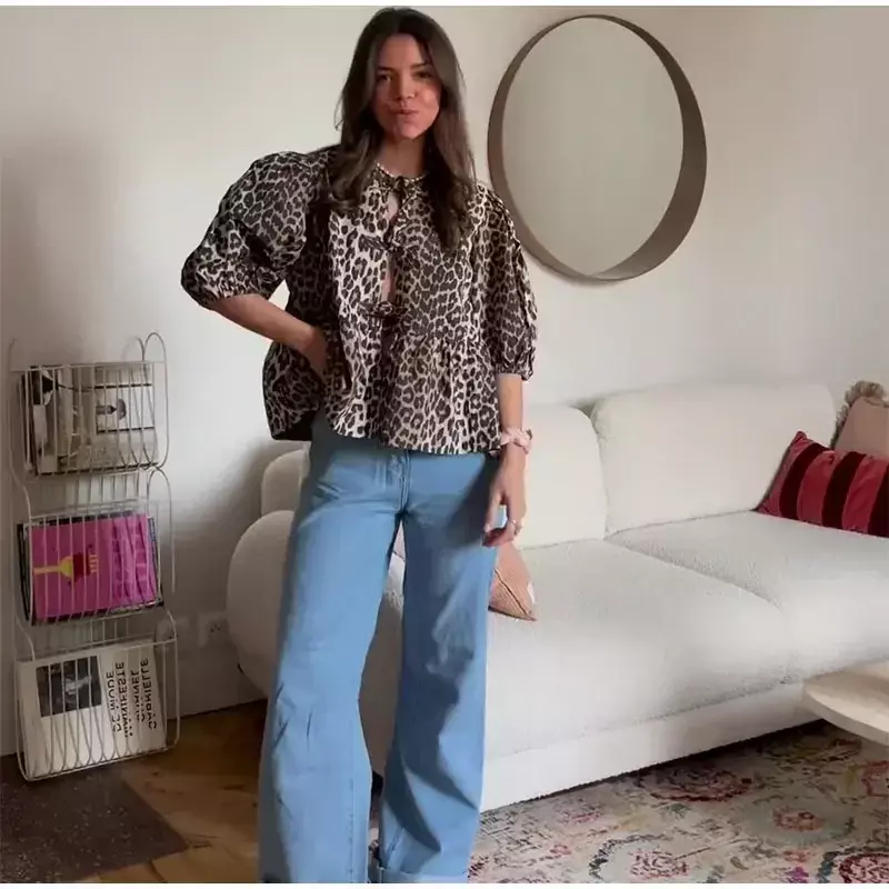 Moda leopardo stampato scava fuori camicia donna 2024 causale O collo maniche corte monopetto top New Chic femminile Streetwear