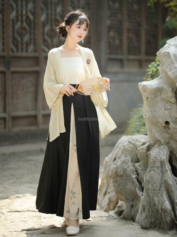 Camisa curta impressa hanfu e conjunto de saia longa para mulheres, colete melhorado, conjunto hanfu, estilo chinês da dinastia Song, diário, 3 peças, S379, novo, 2024