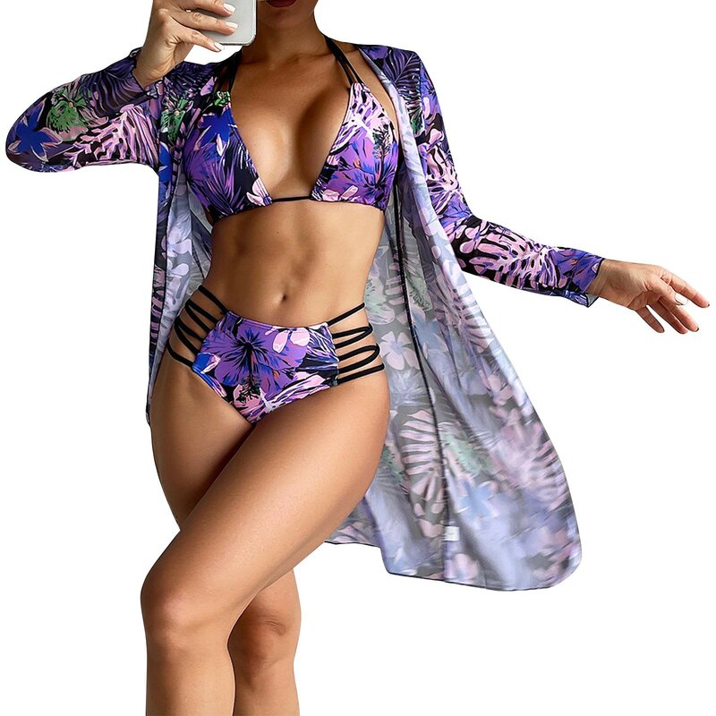 Women Swimsuit Bikini 3 Pieces Sexy Padded Bikini Set With Mesh Long-sleeved Cover Ups Brazilian Beach Bathing Suit 2024 Summer