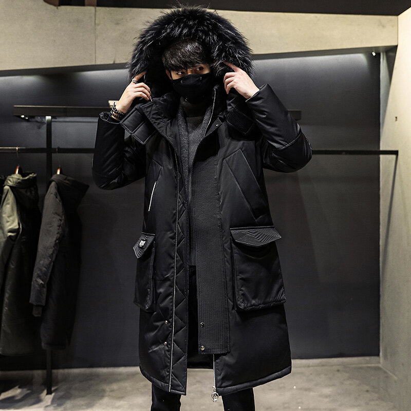 Jaket bertudung panjang untuk pria, jaket parka hoodie hangat musim dingin 2023, mantel ukuran besar warna hitam tahan angin untuk pria