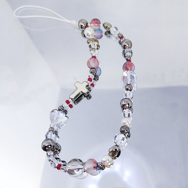Red Clear Mobile Phone Charm Strap Chain Lanyard silver Acrylic Cross Pearl Glass Bead Women Girl Wristlet Keychain Y2k Jewelry