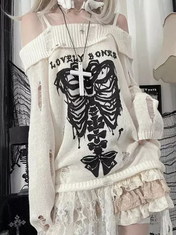 HOUZHOU Y2k pullover rajut Harajuku wanita mode Jepang seksi tengkorak bahu terbuka Punk sweter longgar lubang gadis