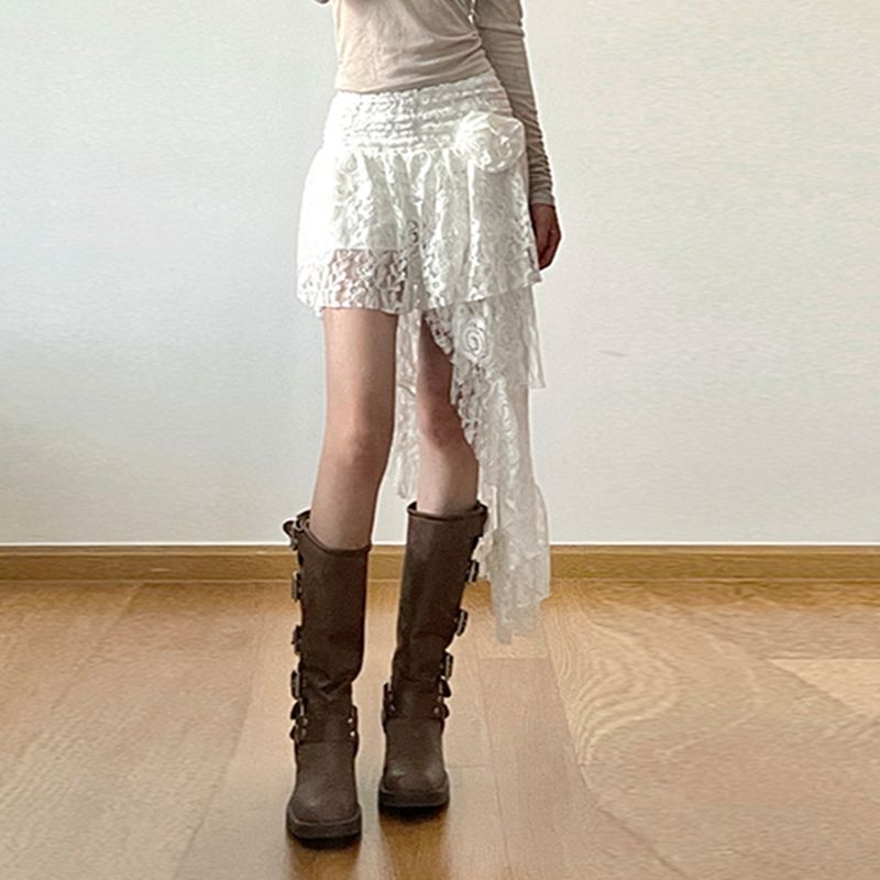 Spódnice koronka szydełkowa nieregularne kwiaty 3D Streetwear słodkie Y2k estetyczne spódnica z wysokim stanem marszczone kobiety wróżka Sexy Harajuku