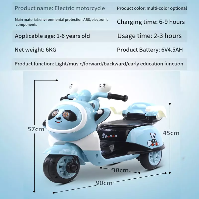 Children's Electric Motorcycle Baby Toy Car Tricycle Panda Motorcycle Battery Car Boys Girls Rechargeable Early Education Music