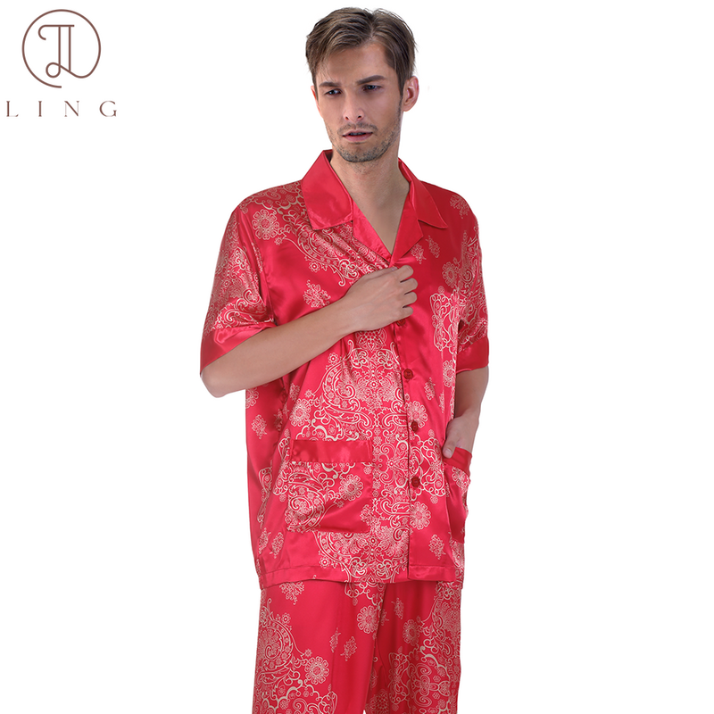 Ling Silk Satin Mens Pajama Sets Half Sleeve Men's Sleep Lounge Sleepwear Two Piece Sets Plus Size Elastic Waist M-XXXL