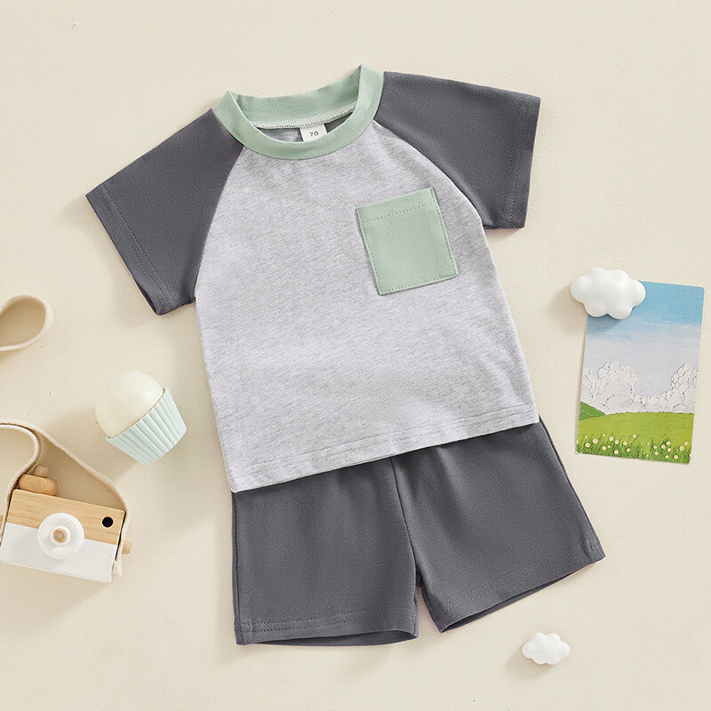 Maluch dziecko strój chłopca Color Block t-shirt z krótkim rękawem jednolity kolor spodenki ze sznurkiem 2 szt letnie ubrania