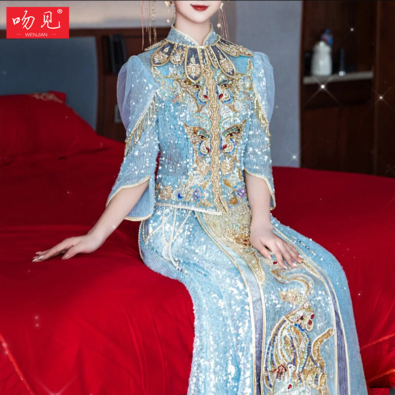 Summe จีนแบบดั้งเดิมชุดแต่งงาน Blue Sequins เพิร์ลคลาสสิก Cheongsam จีน Qipao Костюм Для Восточных