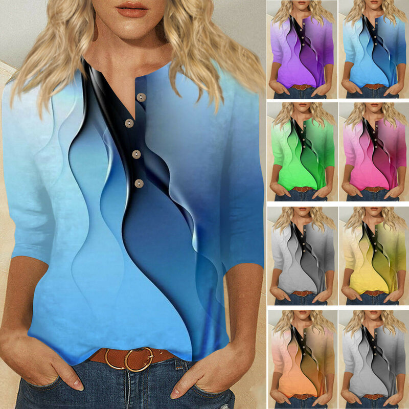Camiseta de planta extragrande feminina, botão decote v, mangas 3/4, blusa de luxo, moda diária, verão, 2024