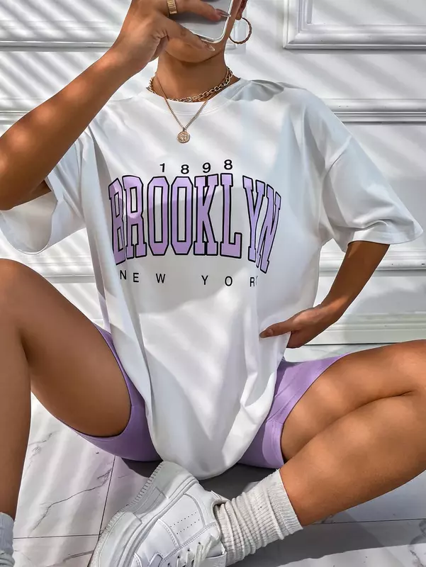 T-shirt imprimé lettre Brooklyn York pour femme, noir, mignon, graphique des années 90, été, 1898