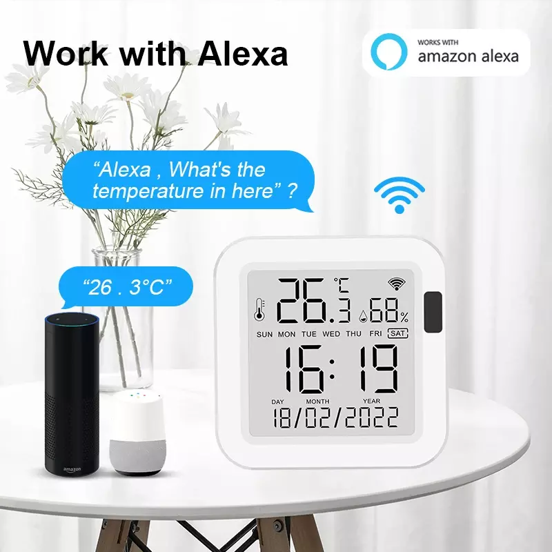 Tuya เซ็นเซอร์ความชื้นและอุณหภูมิ WiFi อัจฉริยะ USB Power with หน้าจอ LCD อัจฉริยะหน้าจอ Life Support Alexa และ Google Assistant