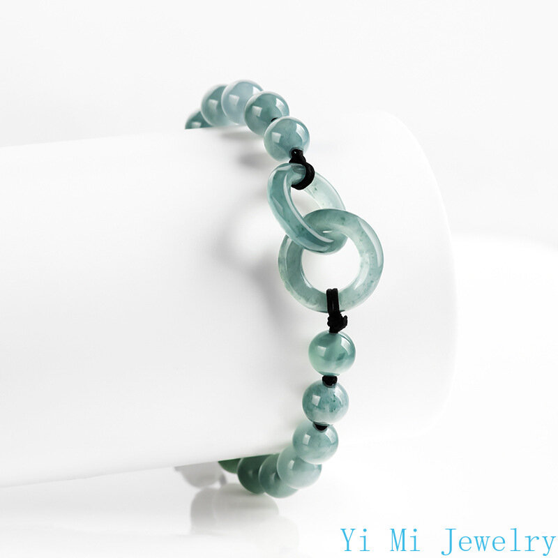 Pulsera de Jade Natural de grado A, brazalete de doble anillo de Jade de agua azul, cuerda de mano tejida A mano, abalorio de amante de Jade de hielo, regalo de la suerte