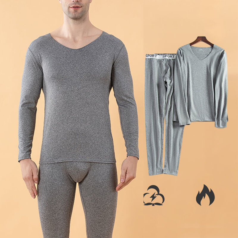 Men‘s Winter Seamless Cotton Thermal Top Long Johns Pants 2pcs Fleece Lined Warm Underwear Elastic Bottoms Outfit Homewear