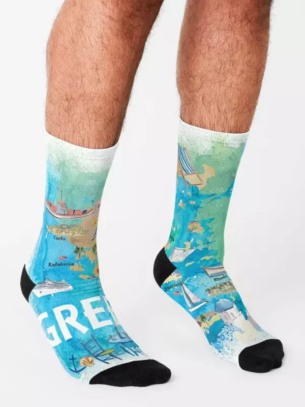 Greece Illustrated Travel Map with Landmarks and Highlights Socks sports and leisure heated Men's Socks Women's
