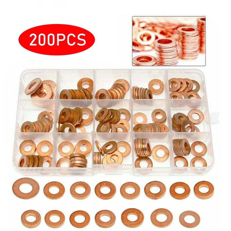 200pcs Copper Diesel Injector Ports Washers Fuel Set Seal Rings Assortment Set Engines Automotive Fuel Injector Fittings