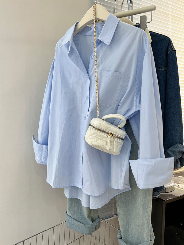 Блузка женская оверсайз с длинным рукавом, элегантная уличная офисная Повседневная Свободная рубашка на пуговицах, винтажный Топ, белый синий цвет