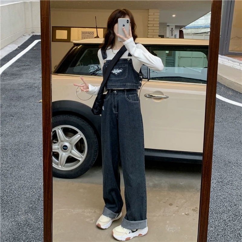 Conjunto de 2 peças Kawaii Denim feminino, design de sling sem alças, tops curtos sem mangas, calças jeans largas soltas, ternos streetwear