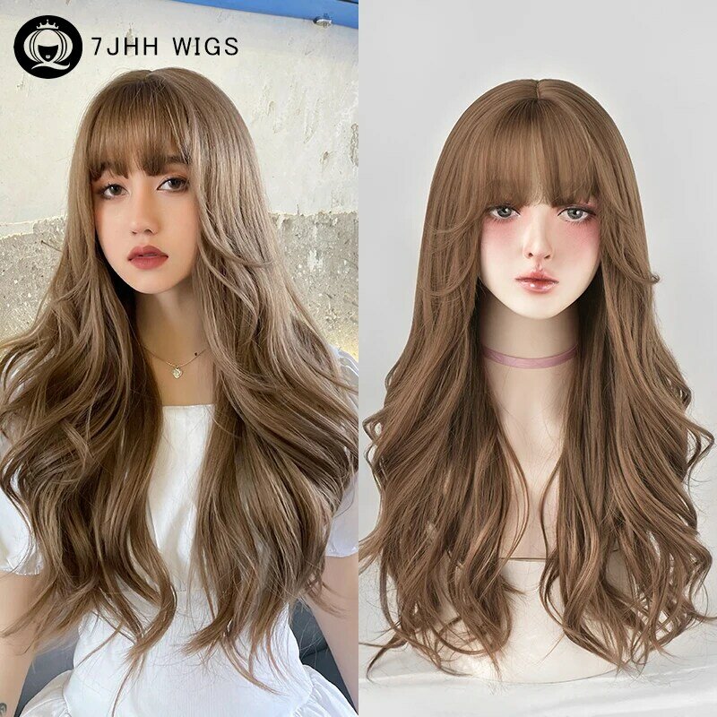 7JHH WIGS Honey Brown Wigs with Neat Bangs High Density Synthetic Body Wave Brown Hair Wig for Women Daily Use Beginner Friendly