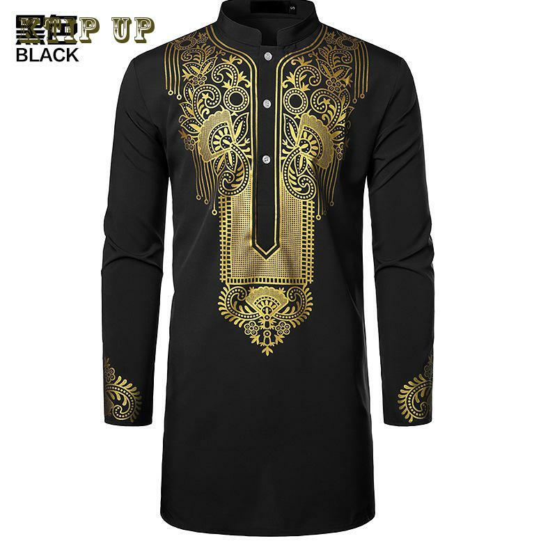 Luxury Casual Islamic Arabic Abaya Robe Fashion Ethnic Print Stand Collar Youth Mid-length Shirt Coat 2024 Muslim Men Clothing