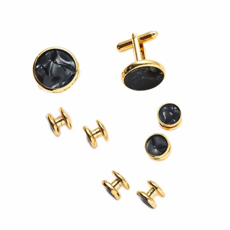 8PCS Gold  Black Shell Mens Cufflinks and Studs Set Tie Clasp Cuff Links Shirts Classic Match for Business Wedding Formal Suit