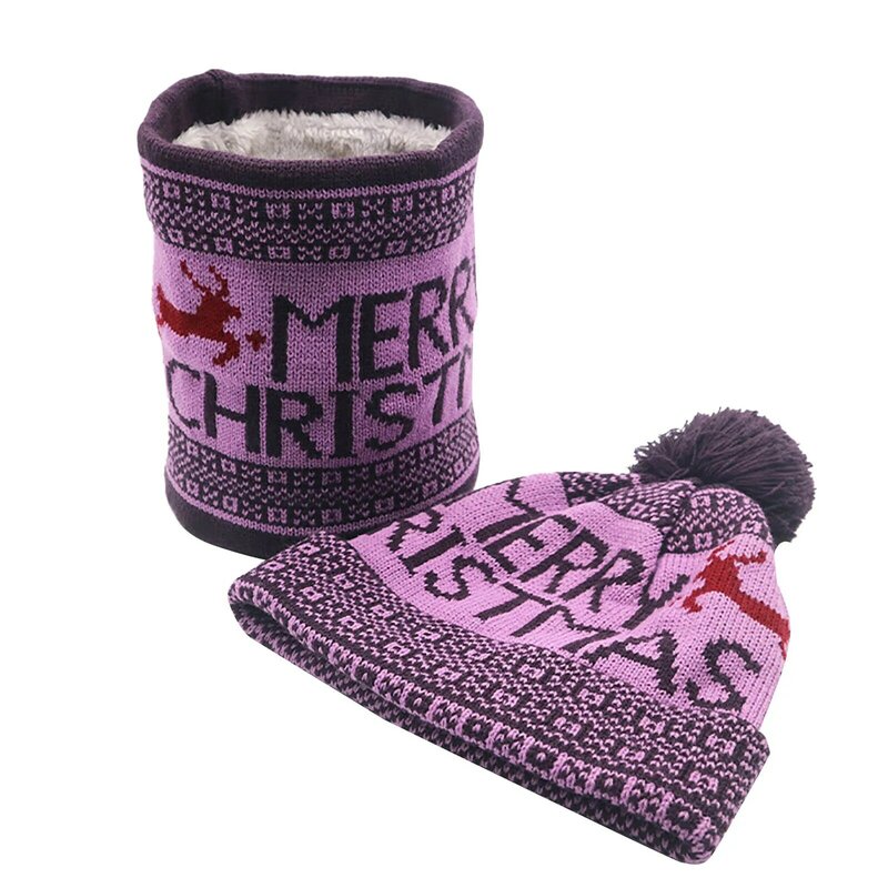 Winter Fleece Thicken Warm Scraf Hat Unisex Christmas Knitted Pompom Beanie Hat Neck Scarf Vintage Thermal Balaclava Scraf Sets