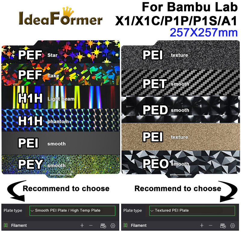 257x257mm per Bambu lab Build Plate A1 X1 Carbon PEO PET PEY PEI H1H letto magnetico in acciaio per molle per P1P P1S X1 X1-Carbon Bambulab