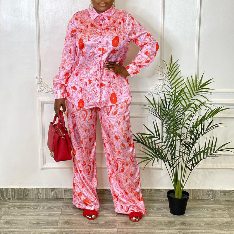 2023 Spring Summer African Women Long Sleeve Polyester Printing Two Pieces Sets Top and Long Pant African Suit