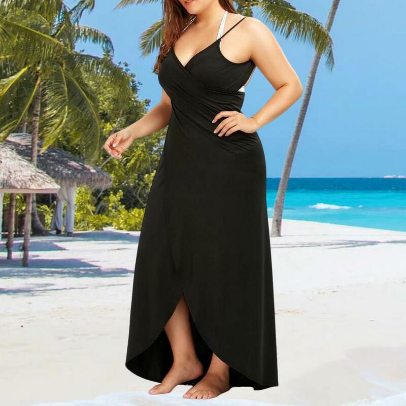Vestido de praia feminino sem encosto, cobrir, alças ajustáveis, sem mangas, monocromático, proteção solar, maiô
