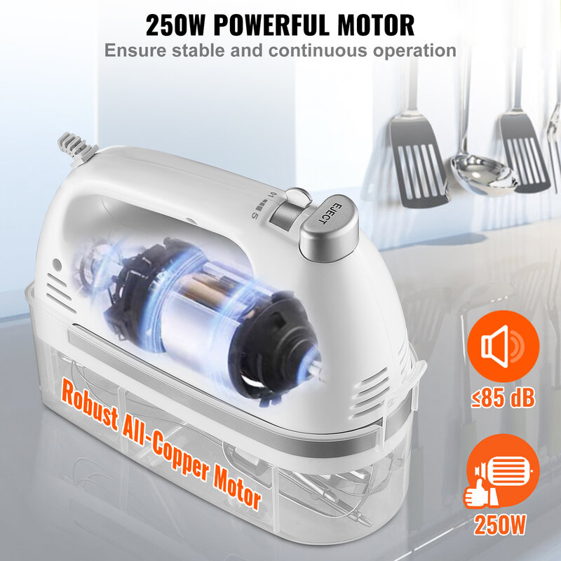 VEVOR Mixer tangan elektrik 5 kecepatan 250 Watt, Mixer genggam listrik portabel dengan Turbo Boost, pengocok adonan kait casing penyimpanan