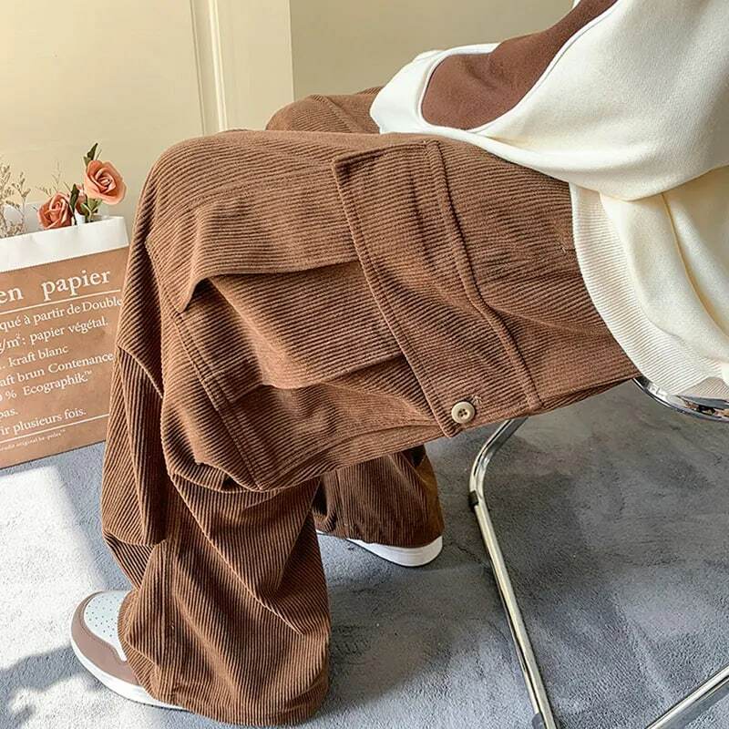 Pantalones holgados de pana de gran tamaño para hombre, pantalones Cargo de pierna ancha, pantalones casuales, ropa de calle coreana, marrón, Y2K, Japón