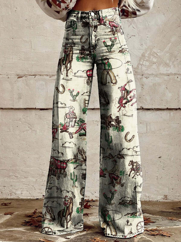 جينز مطبوع عليه زهور وعشب شبابي ثلاثي الأبعاد للنساء ، سراويل نسائية صغيرة مضيئة ، جينز واسع الساق ، نمط زهور عتيق ، موضة جديدة