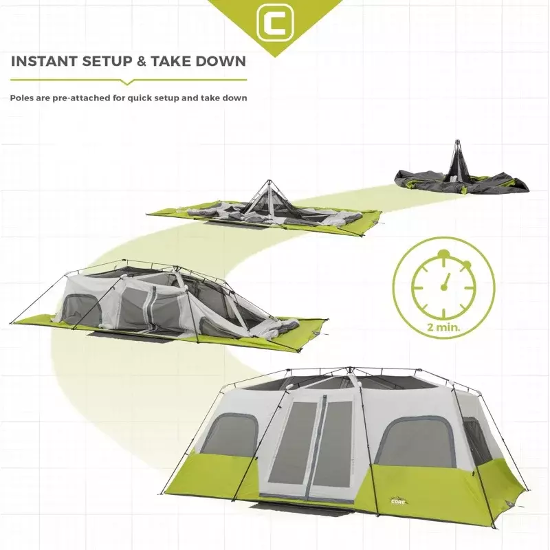 Мгновенная кабина ядро на 12 человек | 3-комнатная огромная семейная палатка с карманами для хранения, аксессуары для кемпинга | Портативная большая Po