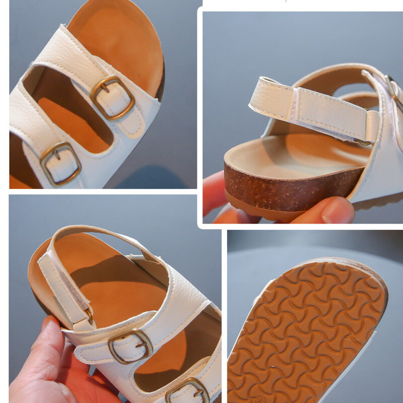 New Buckle Children's Sandals Summer Solid PU Girls Boys Cork Beach Shoes Casual Soft Bottom Hook Loop Kids Sandals